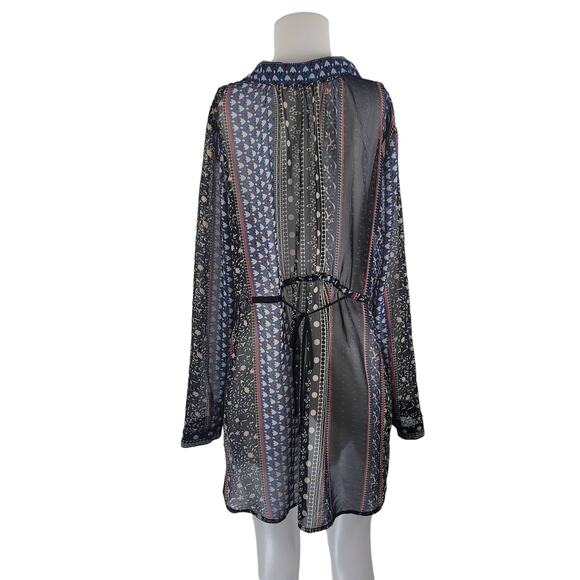 Free People Black Tan Floral Semi Sheer Long Sleeve Women's Blouse L - Picture 3 of 5